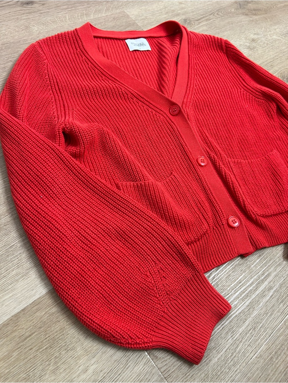 Stitches & Stripes 100% Cotton Red Textured Button Down Cardigan Sweater